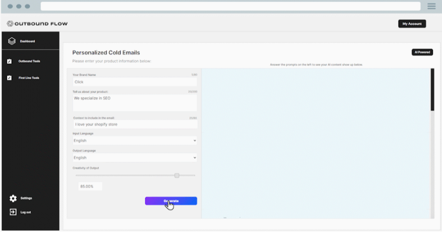 Dashboard of outbound flow AI Sales Tool
